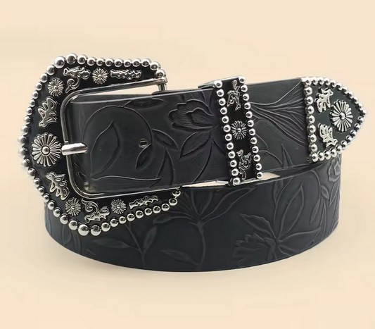 Black Vintage Belt with Decorated Buckle