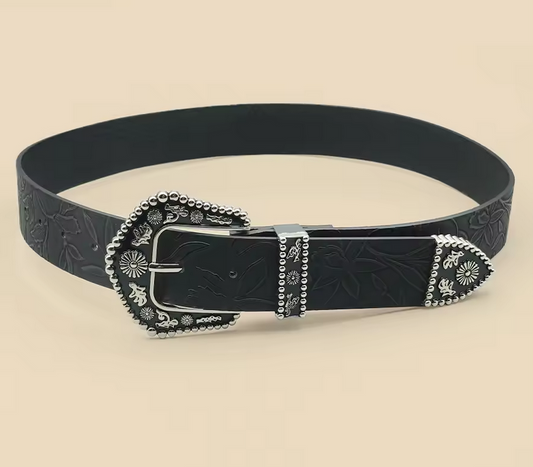 Black Vintage Belt with Decorated Buckle